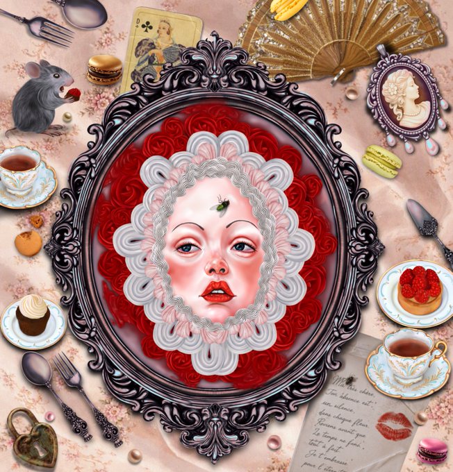 An ornate Victorian-style portrait of a woman with a rose-petal halo, surrounded by decadent sweets, macarons, teacups, and a love letter, evokes the opulent decadence of "Let them eat cake." A handwritten note beside the frame reads "My dear Alice, This absence is… our absence… These things flow… Forever and forever… So long as men can breathe or eyes can see… So long lives this, and this gives life to thee," echoing themes of romantic ruin. The image's rich symbolism of fleeting pleasures and consumed beauty perfectly complements the artwork's title, "The Sweetness of Ruin."