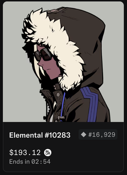 An NFT listing screen showing 'Elemental #10283' with a stylized character wearing a fur-lined hood and sunglasses, priced at $193.12 (Ξ16,929) with an ending timer of 02:54.