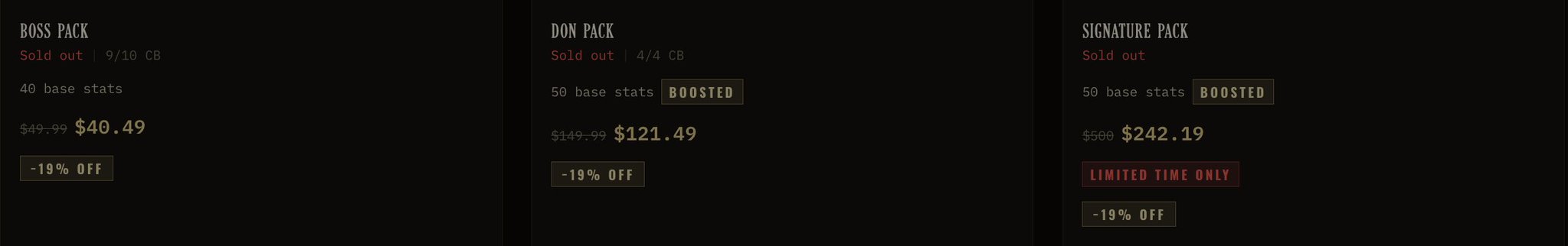 Pricing tiers for digital packs: Boss Pack ($40.49, sold out), Don Pack ($121.49, sold out), and Signature Pack ($242.19, sold out), all with 19% off.