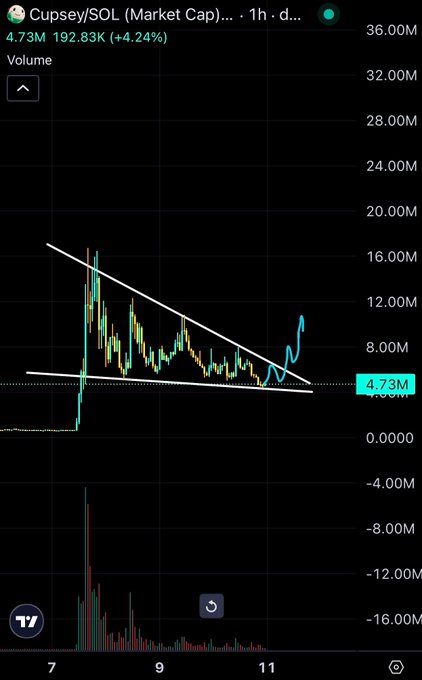 A financial trading chart shows the 'Cupsey/SOL' token with a market cap of '4.73M' and a 1-hour change of '+4.24%', displaying candlestick price action within a descending wedge pattern and a volume chart below.