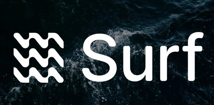 The image features a logo for a company named "Surf" written in white text against a dark blue background, which appears to be a water wave pattern. The logo is positioned at the bottom of the image with the word "Surf" written above it and below it.