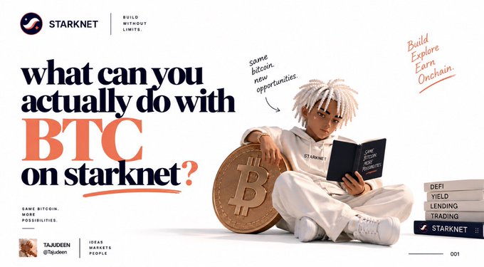 A promotional graphic featuring a young person sitting next to a large Bitcoin coin and holding a book titled 'Cairo Bitcoin: STARKNET POSSIBILITIES', with the headline 'what can you actually do with BTC on starknet?' and the Starknet logo.