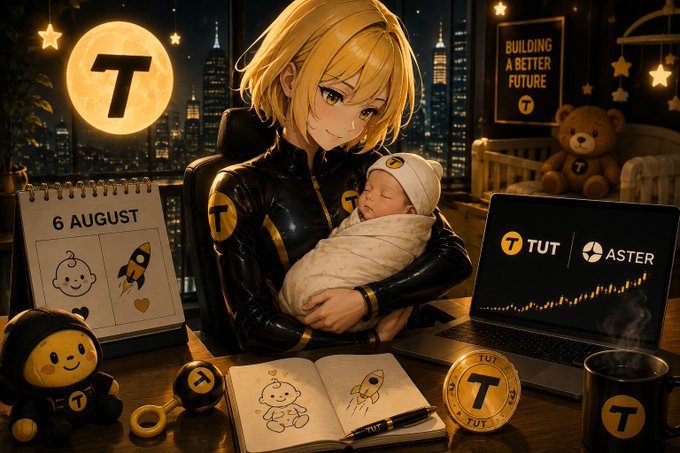 An anime-style illustration shows a blonde mother holding a swaddled newborn beside a calendar marked "6 August," a laptop displaying "$TUT on ASTER" with a price chart, and a "BUILDING A BETTER FUTURE" sign, capturing the coincidental milestones of @midnightcrypto's daughter Freya being born and $TUT's listing on Aster Perpetuals on the same day.