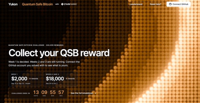 A webpage for 'Yukon Quantum Safe Bitcoin with StarkWare' titled 'Collect your QSB reward,' showing Week 1 ($2,000 to 11 StandzUG) and Weeks 2 and 3 ($18,000 to 11 StandzUG) with a countdown timer of 13 days, 09 hours, 55 minutes, and 57 seconds.