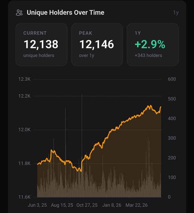 The image shows a black screen displaying a graph with peaks, valleys, and an overall upward trend. There are two peaks visible at different times on this chart, one near the bottom left and another at the top right of the graph. The majority of the time, the value is increasing from peak to peak, but there is also a dip in some points that have been labeled as negative. 
The post shows the overall progression of unique holders over time with multiple peaks and valleys depicted on the screen. This chart seems to be an analysis of the changing trends for collectors, indicating whether they are currently winning or experiencing a decline in their investments.