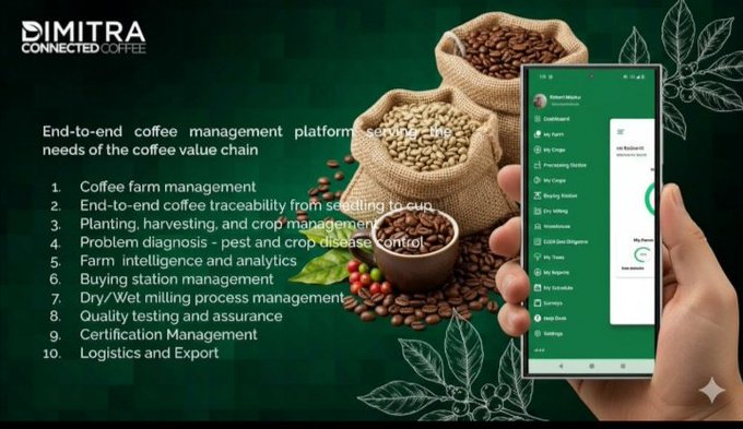 A promotional slide for 'DIMITRA Connected Coffee', an end-to-end coffee management platform, listing ten services from farm management to logistics, alongside an image of coffee beans and a mobile app interface.