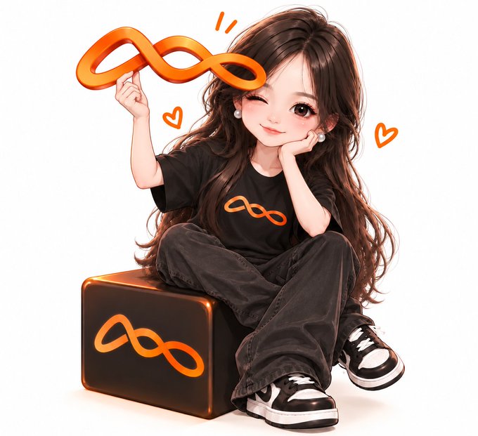 A cute cartoon girl in a black infinity-symbol shirt and jeans sits on a black cube, holding an orange infinity symbol decoration.