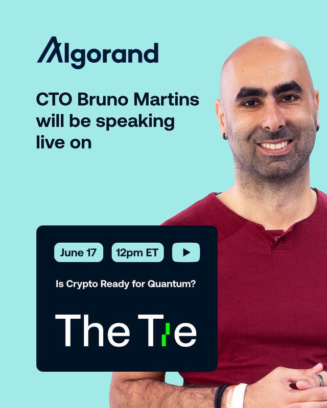 The image features a man wearing a red shirt, smiling for the camera while standing next to a blue background with white text. The text "Algorand CTO Bruno Martins will be speaking live on" is displayed above him, indicating that he is about to give a speech at an event. The post also mentions that there are two upcoming events: one scheduled for June 17th and another for June 22nd.
