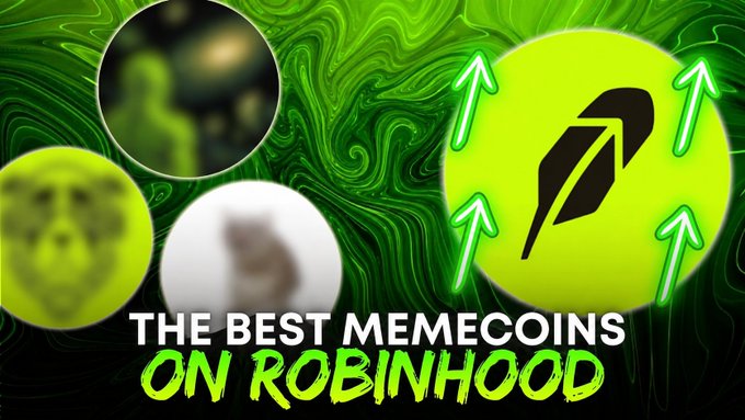 The image is a vibrant graphic promoting "The Best Memecoins on Robinhood," featuring a swirling neon green background with a large Robinhood feather logo encircled by upward-pointing green arrows on the right side, suggesting rising value or growth. Blurred circular profile pictures on the left side hint at various memecoin projects or influencers, while the bold text at the bottom ties the design to the accompanying post asking about the next biggest X100 $ROBINHOOD memecoin, visually aligning the concept of upward price movement with Robinhood's branding to attract potential investors seeking high-return opportunities.