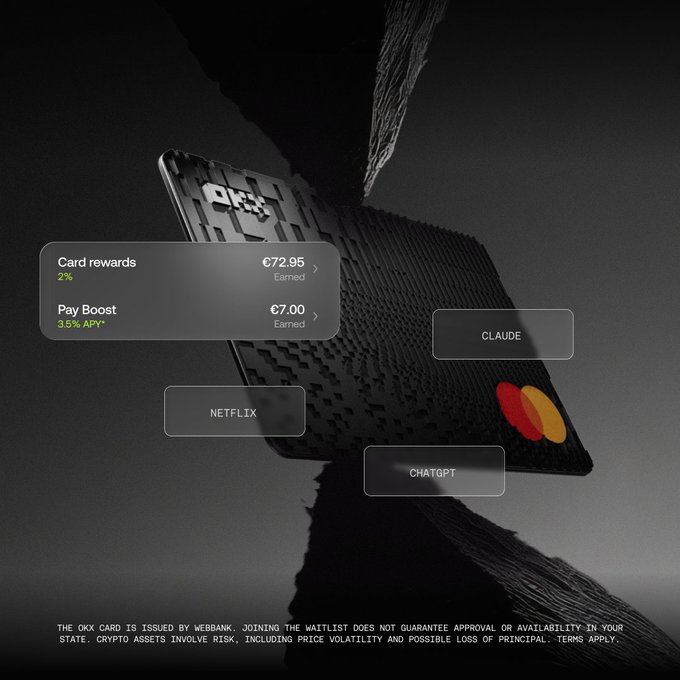 An advertisement for the 'OKX' crypto card showing 'Card rewards €72.95 Earned' and 'Pay Boost 3.5% APY €7.00 Earned', with brand tags for Claude, Netflix, and ChatGPT, and a disclaimer about crypto asset risks.