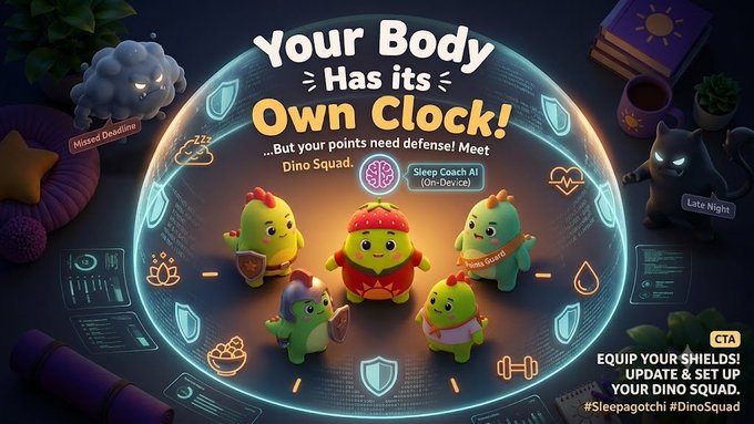 An advertisement reading 'Your Body Has its Own Clock!...But your points need defense! Meet Dino Squad' featuring cartoon dinosaur characters inside a glowing shield bubble, promoting a 'Sleep Coach AI (On-Device)' with the hashtag #Sleepagotchi #DinoSquad.