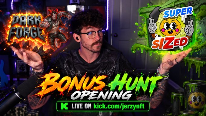 A bearded streamer with glasses sits with arms outstretched between "Dark Forge" and "Super Sized" slot game graphics, with a "Bonus Hunt Opening" banner overlaid promoting a live stream at "kick.com/jerzynft" where he's opening 22 bonuses purchased for $5,000.