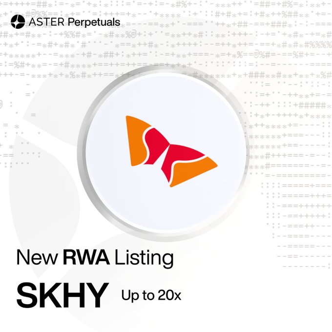 An Aster Perpetuals announcement graphic highlights the new RWA listing of $SKHY (SK hynix), offering up to 20x leverage. The design features a stylized orange and red butterfly-like logo centered on a circular badge, surrounded by a faint world map pattern, with the "ASTER Perpetuals" branding in the top-left corner.