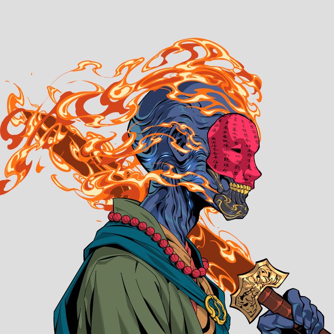A colorful illustration of a blue-skinned, zombie-like figure with a red face covered in script, wearing a green robe and red prayer beads, holding a sword engulfed in orange flames.
