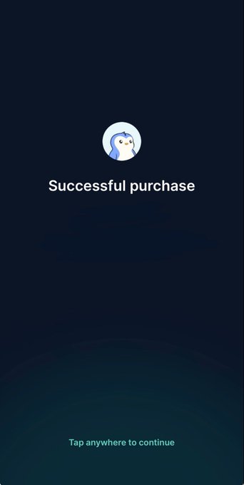 A dark screen displays a small cartoon character icon above the text 'Successful purchase' and 'Tap anywhere to continue' at the bottom.