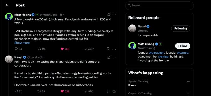 A screenshot of an X (Twitter) thread where Matt Huang (@matthuang) shares thoughts on ZCash and its developer-fund mechanism, prompting a response from Naval (@naval) arguing that blockchains are markets, not democracies, and that off-chain third parties using "community" rhetoric create sybil attacks. The exchange humorously exemplifies the casual insider debate between crypto figures about governance and funding in blockchain ecosystems like ZEC and ZEC-related tokens.