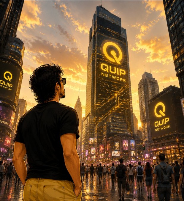 The image features a man standing in front of a large building, which has the word "quip" written on it. He appears to be looking up at the sky or observing something above him. The surrounding area seems to be busy with people walking around, and there are several buildings visible in the scene as well.

The post is about Quip Network, a company that focuses on advanced computing and decentralized tech solutions for Smart networks. It talks about the future of technology and how it can transform our lives. The image captures this moment where someone is looking up at the sky or observing something above them, which could be related to the concept of technological advancements and their impact on society.