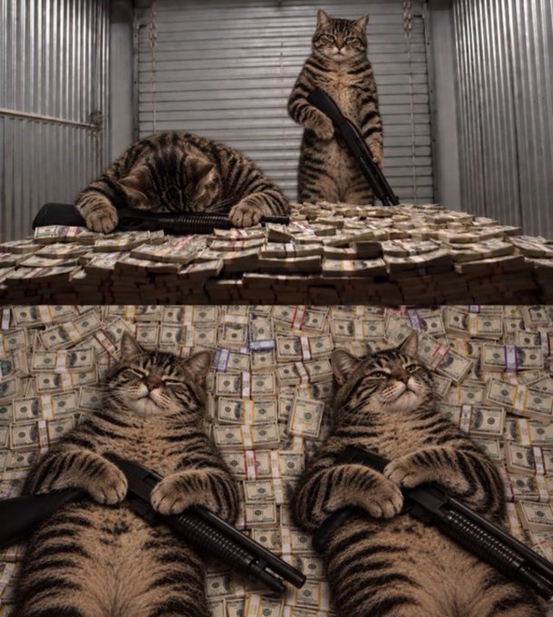 A humorous AI-generated image shows four tabby cats surrounded by massive stacks of cash, with three of the cats holding black firearms.