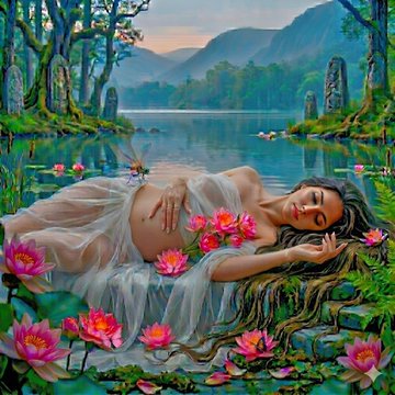 A serene woman rests among vibrant lotus flowers by a mystical lake, surrounded by ancient standing stones and misty mountains, evoking the ethereal mood of the featured artworks "Born from the Lotus" and "Fading at Dusk" by artist ROXANA, available as limited editions on the Tezos blockchain ($XTZ).