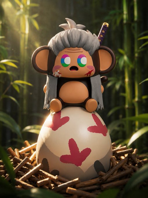 A cute stylized 3D character with large blue eyes, gray hair tied up, and a small sword sits atop a large egg decorated with red bird silhouettes, set in a bamboo forest.