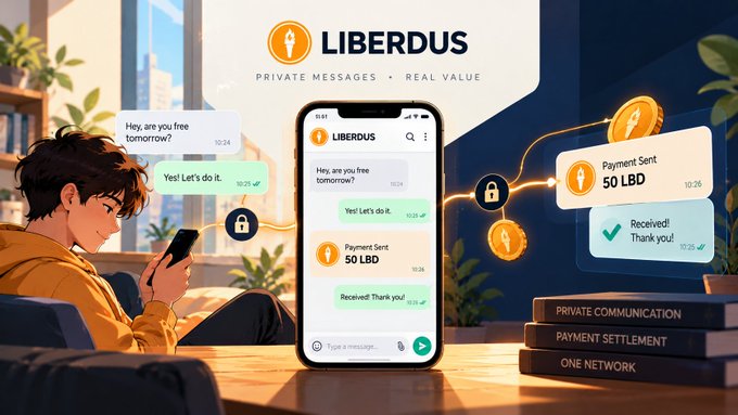 The image is a promotional graphic for **Liberdus** featuring the tagline "PRIVATE MESSAGES • REAL VALUE." It depicts a young man texting on a smartphone, with the phone's screen showing a chat exchange ("Hey, are you free tomorrow?" / "Yes! Let's do it.") followed by a "Payment Sent 50 LBD" notification and a "Received! Thank you!" confirmation. Stacked books labeled "PRIVATE COMMUNICATION," "PAYMENT SETTLEMENT," and "ONE NETWORK" reinforce the platform's core concept.

**Connection to the post:** The visual directly illustrates the author's thesis—Liberdus seamlessly fuses encrypted messaging with crypto payments (LBD), demonstrating how private conversations can carry real economic value in a single, unified network.
