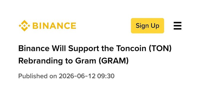 The image shows a white background with the text "Binance will support the TON coin (TON) rebranding to Gram" displayed at the top center of the screen, along with an illustration of the Bitcoin logo. The main content is in black letters and spans across multiple lines on the image. This post seems to be about promoting a new coin named "TON".