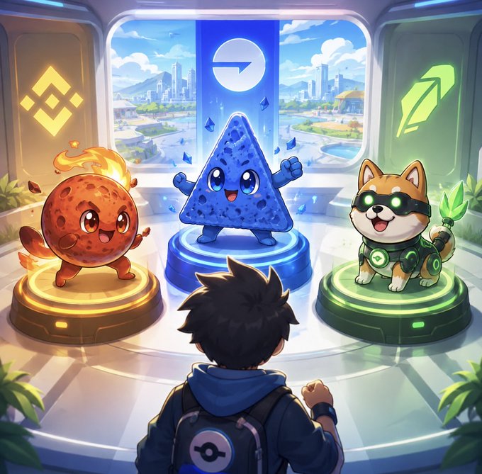 A young person views three animated crypto mascots on futuristic pedestals—Binance's $BNB triangle, a fiery planet symbolizing $MARSCOIN, and a green dog-themed character representing Robinhood's $AI—each framed by their respective platform logos, visually tying together the three ecosystems (Robinhood, BNB Chain, and Base) highlighted in the caption.