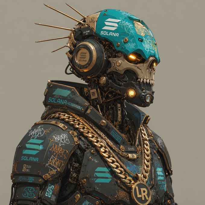 Cyberpunk-style digital artwork of a robotic skull character wearing headphones, spikes, and gold chains, decorated with 'SOLANA' branding and graffiti tags.