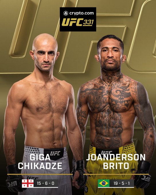 Promotional graphic for UFC 331, sponsored by Crypto.com, featuring a face-off between featherweight fighters Giga Chikadze (15-6-0, representing Georgia) and Joanderson Brito (19-5-1, representing Brazil), as highlighted in the social media post announcing their bout live on Paramount Plus.