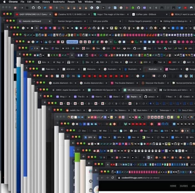 A chaotic array of browser tabs, many displaying "Freelancer" or developer-related titles, visually represents the overwhelming search for the right AI agent. The final visible tab, "codewithhugo.com/alpine-js-react/", suggests a specific area of development where such an agent might be sought.