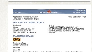 A trademark filing document from the USPTO's Trademark Trial and Appeal Board for the 'XPAY' trademark application by X Corp.
