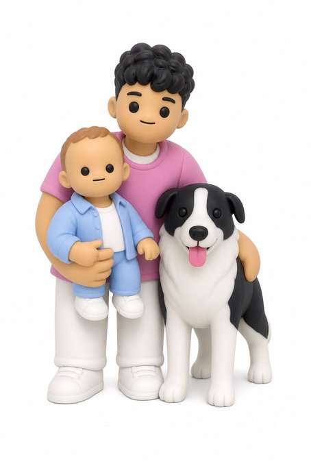 A 3D-rendered figurine depicts a person in a pink shirt holding a small child in blue overalls, standing next to a black and white dog with its tongue out.