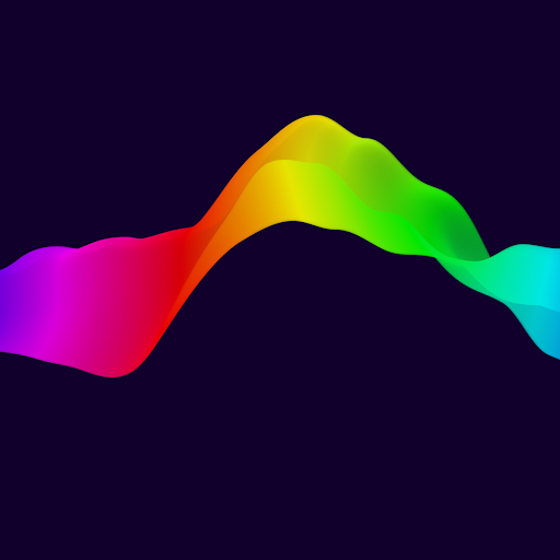 An abstract, colorful, wavy ribbon-like graphic with a gradient of pink, red, yellow, green, and blue against a dark background.