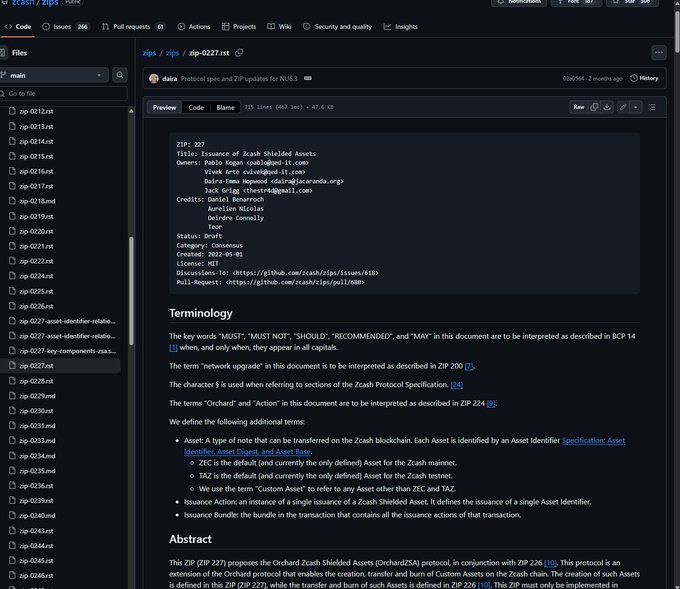 A GitHub page showing the ZIP 227 proposal for 'Issuance of Zcash Shielded Assets', featuring a code preview with terminology and abstract.