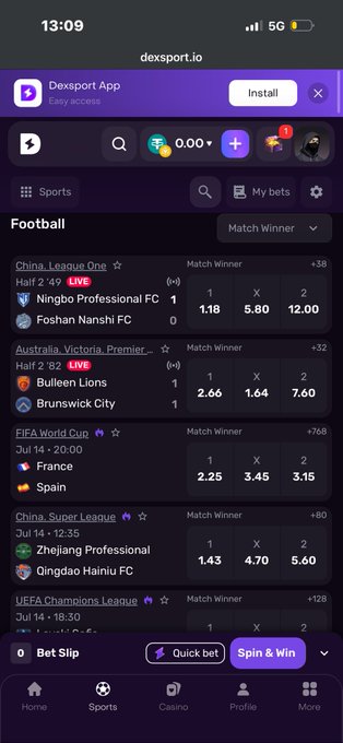 A screenshot of the Dexsport.io mobile sportsbook displays football betting markets, including live odds for the FIFA World Cup match between France (2.25) and Spain (3.15) on Jul 14, alongside other leagues like China's Super League and UEFA Champions League. The image illustrates the platform's match calendar and live odds interface referenced in the post about checking World Cup markets before kickoff.