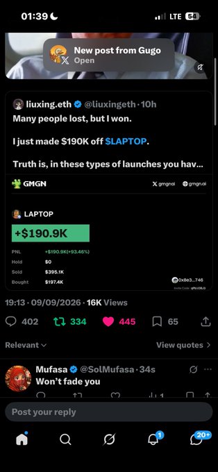 A mobile screenshot of an X post by @liuxing.eth titled 'Many people lost, but I won. I just made $190K off $LAPTOP,' showing PNL +$190.0K (+93.46%) on token LAPTOP, with 16K views and 402/334/445 engagements.