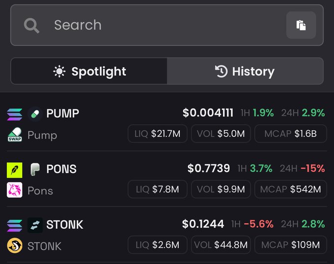 A cryptocurrency tracker displays three memecoins—PUMP at $0.004111 (MCAP $1.6B), PONS at $0.7739 (MCAP $542M), and STONK at $0.1244 (MCAP $109M)—with their liquidity, volume, and 1H/24H price changes visible. The image supports the post's point by showing PONS's market cap of $542M sitting roughly a third of the way to the $1B target, with a notable 24H decline of 15% suggesting weakening momentum.