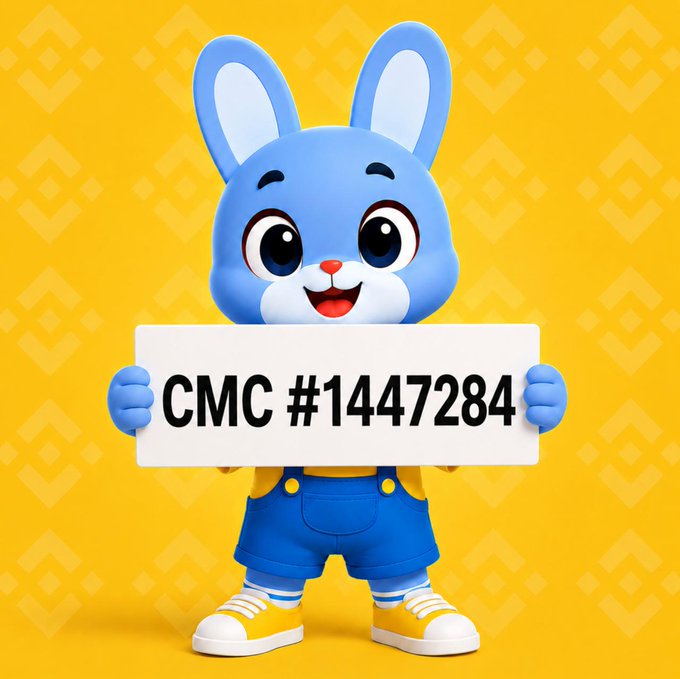 A 3D-rendered cartoon blue bunny wearing blue overalls and yellow sneakers holds up a white sign reading 'CMC #1447284' against a yellow patterned background.