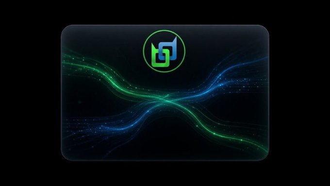 A digital card or graphic featuring a circular logo with intertwined green and blue shapes against a dark background with flowing green and blue light streaks.