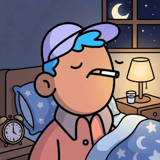 A cartoon illustration of a boy with purple and blue hair sleeping in bed with a thermometer in his mouth, a clock showing nighttime, a lamp on a nightstand, and a window revealing a crescent moon.