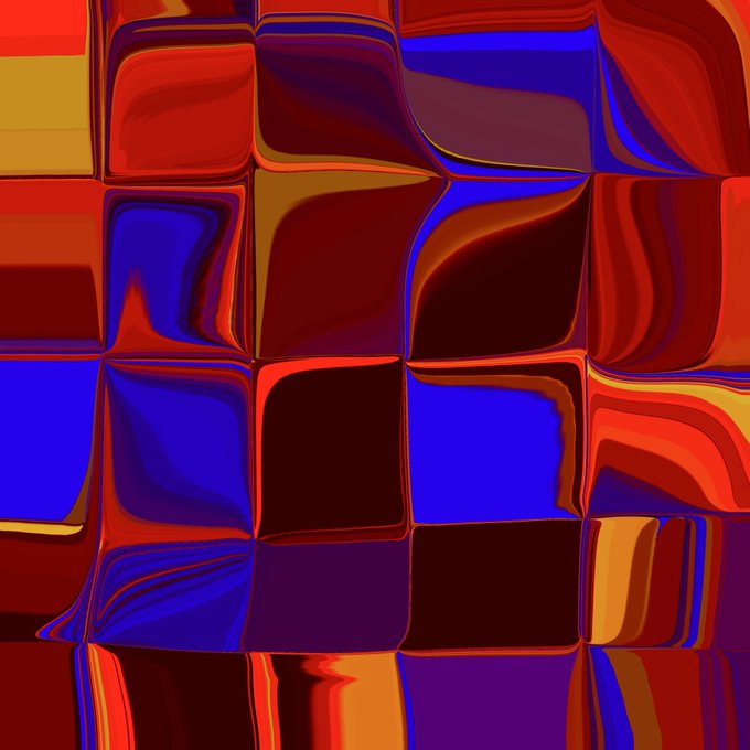 An abstract digital artwork composed of a grid of warped, glossy red, blue, yellow, and black square tiles with a liquid or reflective appearance.
