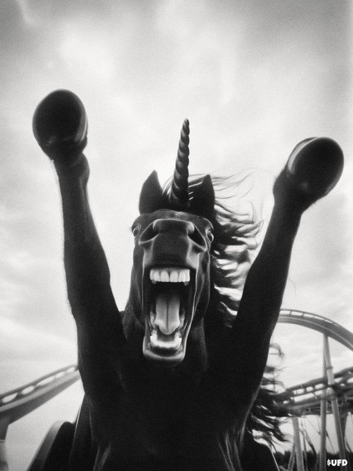 A dramatic black and white photo of a carousel unicorn statue with its mouth wide open, appearing to scream, with roller coaster tracks in the background; marked 'UFD'.