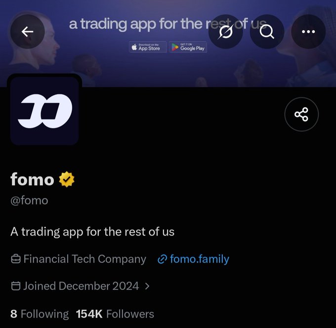 An X (Twitter) profile screenshot for "fomo" (@fomo) describes itself as "A trading app for the rest of us," identified as a Financial Tech Company that joined December 2024 with 154K followers.