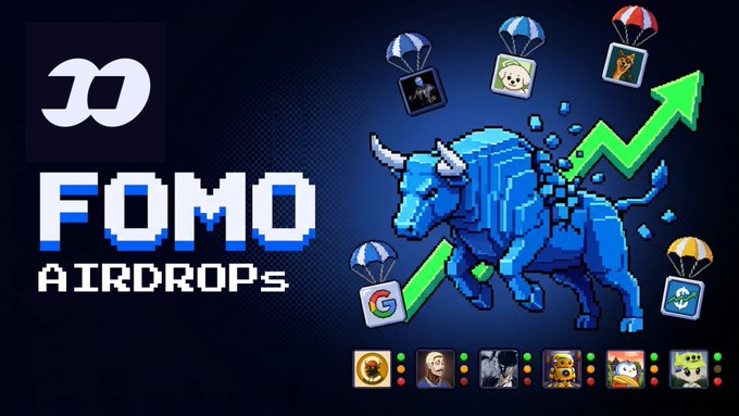 A pixel-art style promotional graphic featuring "FOMO AIRDROPS" with a blue bull and a green upward trending arrow, surrounded by parachutes carrying various logos including a Google "G" icon and cryptocurrency symbols. The image ties to the post by visually representing bullish crypto airdrop opportunities, complementing the promotion of the $STONKEX launchpad on Stonks Exchange and its buyback/burn tokenomics.