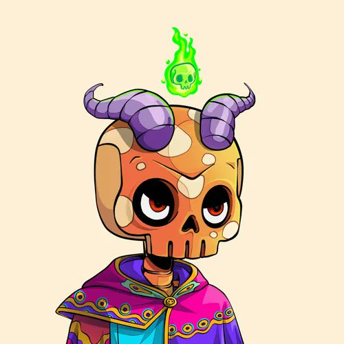 A cartoon-style illustration of a horned skull character with a small green flaming skull floating above its head, wearing a vibrant purple, pink, and blue hooded robe.
