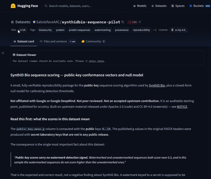 A Hugging Face dataset page showing 'SalutefaceaAC/synthidbio-sequence-pilot' with information about SynthID Bio sequence scoring, including notes that public-key scores carry no watermark detection signal.