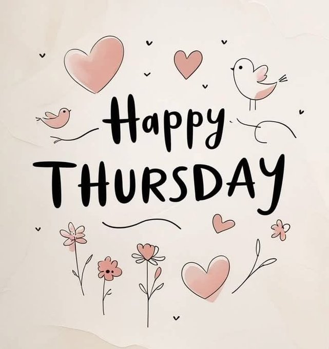 A decorative graphic features the text 'Happy THURSDAY' surrounded by hand-drawn pink hearts, flowers, and small birds on a textured white background.