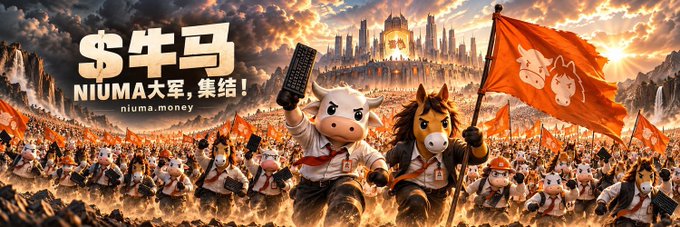 A massive army of anthropomorphic cattle warriors, led by a white bull and a brown horse carrying an orange flag with cow faces, marches toward a glowing golden palace under a dramatic sunset sky. Bold Chinese text "牛马" and English text "NIUMA大军, 集结! niuma.money" are prominently displayed, visually representing the bullish rallying cry for the Niu Ma token as it aims to follow in the footsteps of the 120M market cap Niu Lai.