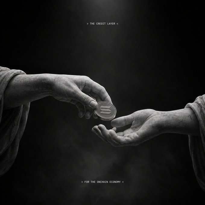 A black-and-white reimagining of Michelangelo's "Creation of Adam" depicts two hands exchanging a coin bearing the Solana logo, symbolizing the divine birth of a new financial system. The text "> THE CREDIT LAYER <" appears at the top and "> FOR THE ONCHAIN ECONOMY <" at the bottom, reinforcing the image's message of proudly ushering in a transformative era for decentralized finance.