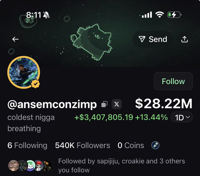 This screenshot displays the profile of @ansemconzimp, showing a balance of $28.22M and 540K followers, which visually correlates with the text's reference to a "leader" in the Solana ecosystem.